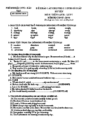Đề và đáp án khảo sát chọn học sinh giỏi cấp huyện Tiếng anh lớp 7 - Năm học 2015-2016